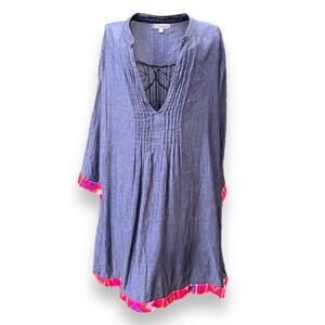 VELZERA Blue Chambray Tunic Plus Size 2XL V-neck with Bright Contrast Trim